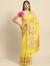 Yellow Banarsi Silk Saree With Tifli Border