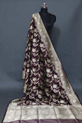 Pure Kataan Silk Jangla Wine Banarasi Saree