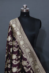 Pure Kataan Silk Jangla Wine Banarasi Saree
