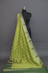 GREEN COTTON ZARI BOOTI CUT WORK CONTRAST DYE SAREE