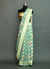 SEA GREEN DIGITAL PRINT ZARI WOVEN KHADDI GEORGETTE SAREE