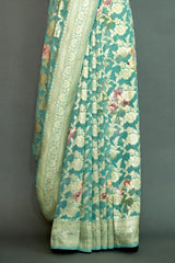 SEA GREEN DIGITAL PRINT ZARI WOVEN KHADDI GEORGETTE SAREE