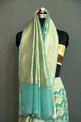 SEA GREEN DIGITAL PRINT ZARI WOVEN KHADDI GEORGETTE SAREE