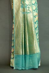 SEA GREEN DIGITAL PRINT ZARI WOVEN KHADDI GEORGETTE SAREE