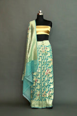 SEA GREEN DIGITAL PRINT ZARI WOVEN KHADDI GEORGETTE SAREE