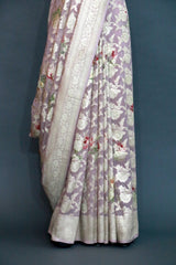 LAVENDER DIGITAL PRINT ZARI WOVEN KHADDI GEORGETTE SAREE