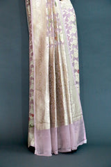 LAVENDER DIGITAL PRINT ZARI WOVEN KHADDI GEORGETTE SAREE