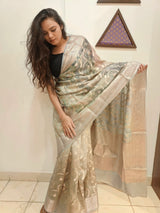 Grey cotton silk saree with abstract design