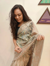 Grey cotton silk saree with abstract design