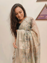 Grey cotton silk saree with abstract design