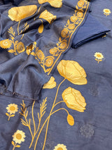 Banarasi Navy Blue Cotton Silk Dress Material