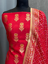 Banarasi Red Cotton Silk Dress Material