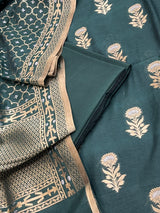 Banarasi Bottle Green Cotton Silk Dress Material