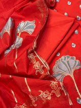 Banarasi Red Cotton Silk Dress Material