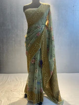 Green Pure chiffon silk banarasi saree in alfi resham aachal border