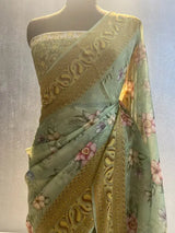 Green Pure chiffon silk banarasi saree in alfi resham aachal border