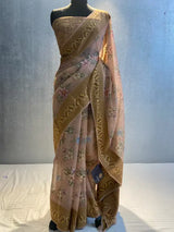 Light Peach Pure chiffon silk banarasi saree in alfi resham aachal border