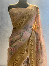 Light Peach Pure chiffon silk banarasi saree in alfi resham aachal border