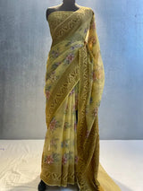 Lemon yellow Pure chiffon silk banarasi saree in alfi resham aachal border