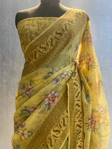 Lemon yellow Pure chiffon silk banarasi saree in alfi resham aachal border