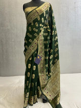 Bottle Green Pure cotton silk meena boota banarasi saree