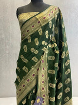 Bottle Green Pure cotton silk meena boota banarasi saree