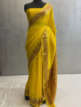 YELLOW PURE KATAN CHINIYA SILK BANARASI SAREE IN TILFI PATTERN AACHAL BORDER