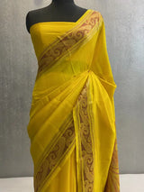 YELLOW PURE KATAN CHINIYA SILK BANARASI SAREE IN TILFI PATTERN AACHAL BORDER