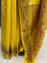 YELLOW PURE KATAN CHINIYA SILK BANARASI SAREE IN TILFI PATTERN AACHAL BORDER