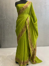 GREEN PURE KATAN CHINIYA SILK BANARASI SAREE IN TILFI PATTERN AACHAL BORDER