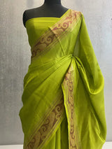 GREEN PURE KATAN CHINIYA SILK BANARASI SAREE IN TILFI PATTERN AACHAL BORDER