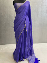 Royal Blue Pure Muga Silk Anntique Zari Banarasi Saree In zari stripes Design