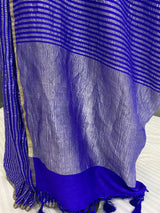 Royal Blue Pure Muga Silk Anntique Zari Banarasi Saree In zari stripes Design