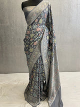 Grey Khaddi tusser pure silk banarasi saree in tilfi work