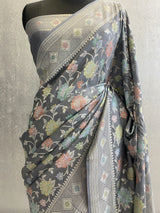 Grey Khaddi tusser pure silk banarasi saree in tilfi work