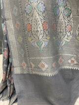 Grey Khaddi tusser pure silk banarasi saree in tilfi work