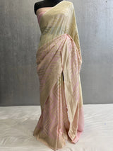 Cream and Pink Handwoven pure muga silk shaded color banarasi saree