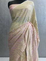 Cream and Pink Handwoven pure muga silk shaded color banarasi saree