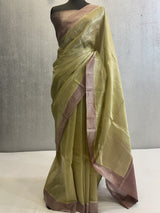 Mehendi And Mauve Pure silk banarasi zari stripes saree in contrast color