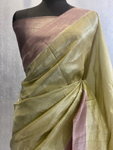 Mehendi And Mauve Pure silk banarasi zari stripes saree in contrast color