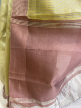 Mehendi And Mauve Pure silk banarasi zari stripes saree in contrast color