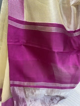 Beige and magenta Pure silk banarasi zari stripes saree in contrast color