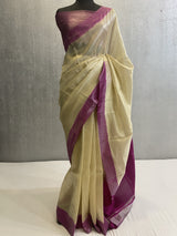 Beige and magenta Pure silk banarasi zari stripes saree in contrast color