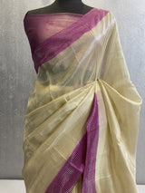 Beige and magenta Pure silk banarasi zari stripes saree in contrast color