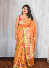Mustard yellow semi organza silk banarasi saree