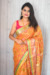 Mustard yellow semi organza silk banarasi saree