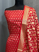 Banarasi Red Semi Silk Dress Material