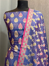 Banarasi Navy Blue Semi Silk Dress Material