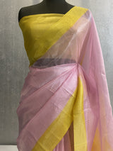 Baby pink and Yellow Pure katan dupion silk banarasi saree in silver zari