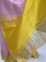 Baby pink and Yellow Pure katan dupion silk banarasi saree in silver zari